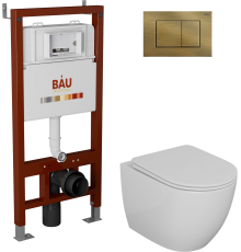 Комплект Унитаз подвесной Bauedge Bau Dream безободковый, с микролифтом + Инсталляция Bau Pro + Кнопка Stil, бронза