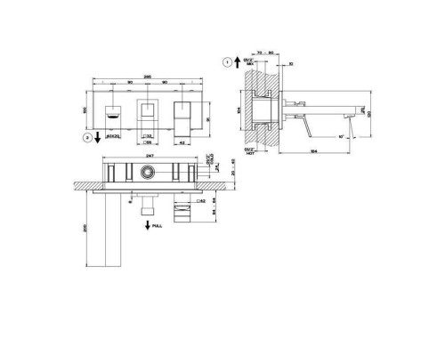 Gessi Rettangolo K Смеситель для раковины, встраиваемый, однорычажный, с изливом и переключателем PULL, внешняя часть, цвет: Black XL. 53138#299