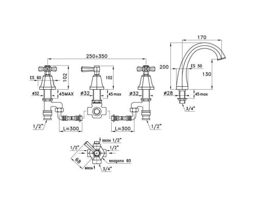 Stella Eccelsa Смеситель на борт ванны на 4 отверстия 3256TRTC, цвет: золото. EC 02312 AU00
