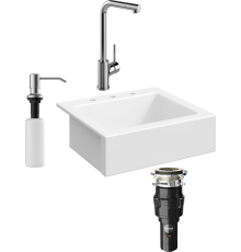 Комплект Мойка кухонная Domaci Сиена 50166-101 с 3 отверстиями, белый глянец + Измельчитель Равенна Vento 375 + Смеситель Ливорно WFD05002K + Дозатор 401 сатин
