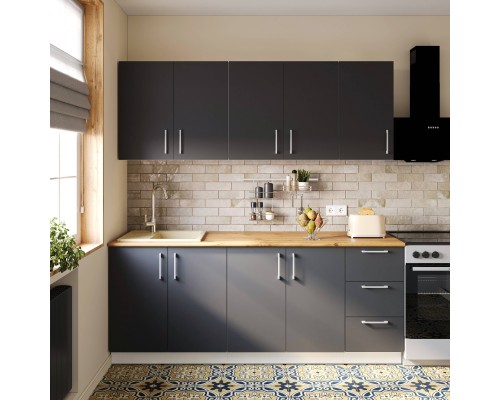 Кухонный гарнитур Domaci Болонья 260 см, фасад графит, ручка хром, столешница дуб вотан KUH-1008391