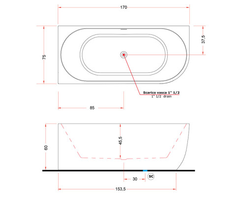 Gruppo Treesse Cora Ванна пристенная 170x75см, SX, акриловая, цвет: белый. V057BL00SX