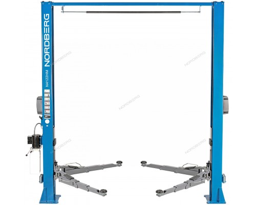 Подъемник двухстоечный 4 т, верхняя синхронизация, снятие со стопоров с одной колонны, 380 В, синий