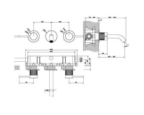 Gessi 316 Встраиваемый смеситель для раковины на 3 отв., излив: 146-128мм, внешняя часть, цвет: brushed black metal pvd. 54292#707