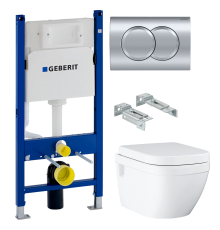 Комплект Унитаз подвесной Grohe Euro Ceramic 39703000 безободковый + Инсталляция Geberit Duofix Delta 458.149.21.1 с кнопкой смыва, хром