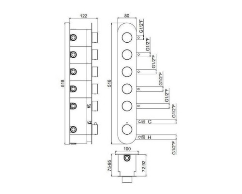 Carimali Встраиваемая часть термостатического смесителя на 5 выходов. W21058