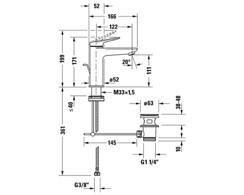Duravit Wave Смеситель для раковины, 1 отв., с донным клапаном, цвет: хром. WA1020001010