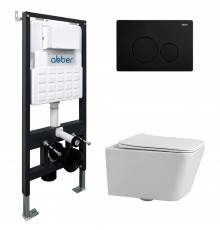 Комплект Abber Rechteck AC1201-AC0105-AC0121MB, Унитаз подвесной безободковый, с микролифтом + Система инсталляции + Кнопка смыва матовая черная
