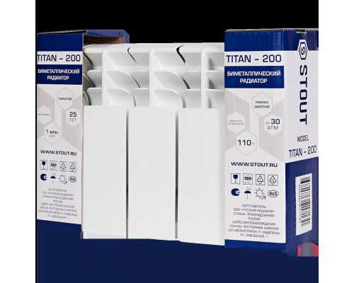 Радиатор биметаллический STOUT TITAN 200 4 секций боковое подключение (белый RAL 9016) SRB-3310-020004 (SRB-3310-020004)