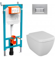 Комплект Унитаз подвесной VitrA Shift 7742B003-0075 белый глянцевый + Крышка 91-003-009 с микролифтом, петли хром + Инсталляция 800-2013 с кнопкой смыва, хром