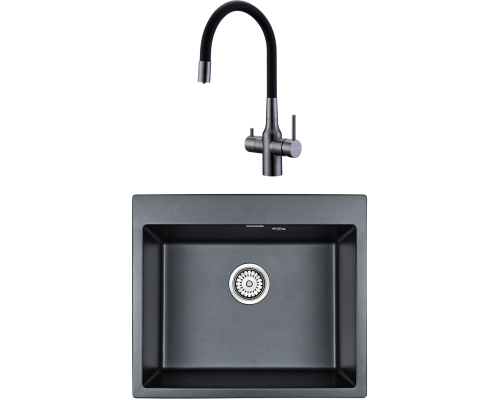 Комплект Мойка кухонная Paulmark Kante 60 PM106052-BLM черный металлик + Смеситель Salix 213419-GM вороненая сталь, черный, с гибким изливом