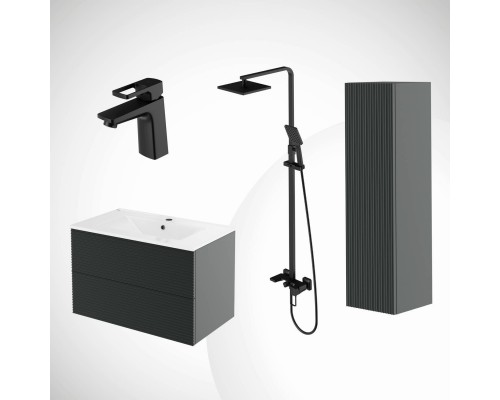 Комплект IDDIS  5 в 1 Тумба с раковиной Bild 80 + Пенал + Смеситель для раковины + Душевая стойка