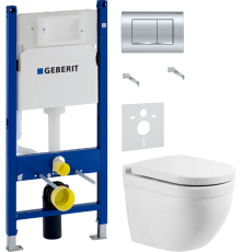 Комплект Унитаз подвесной BelBagno Senso -R BB017CHR + Крышка Norma BB865SC с микролифтом + Инсталляция Geberit Duofix Delta 458.163.21.1 с кнопкой смыва, хром + Шумоизоляция 156.050.00.1