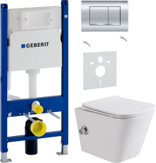 Комплект Унитаз подвесной BelBagno Due BB3103CHR-BS/SC с микролифтом, со смесителем и функцией биде + Шумоизоляция Geberit + Инсталляция Duofix Delta 458.163.21.1 с кнопкой смыва, хром