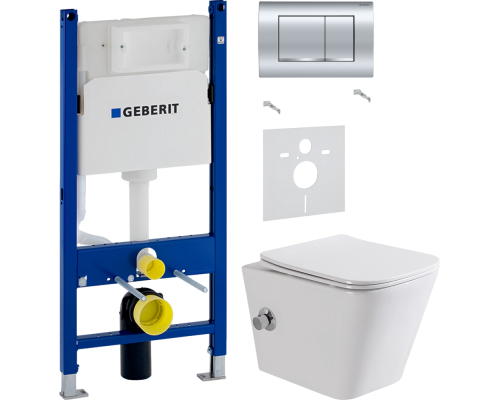 Комплект Унитаз подвесной BelBagno Due BB3103CHR-BS/SC с микролифтом, со смесителем и функцией биде + Шумоизоляция Geberit + Инсталляция Duofix Delta 458.163.21.1 с кнопкой смыва, хром