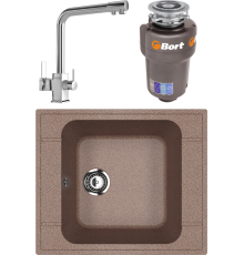 Комплект Мойка кухонная Ulgran U-604 -307 терракот + Смеситель MEGA Life MG-TK06 хром + Измельчитель Bort Titan 5000