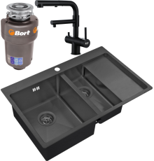 Комплект Мойка кухонная Zorg Inox PVD 5178-2-L grafit + Смеситель Sanitary SZR-3216 Grafit графит + Измельчитель Bort Titan 5000
