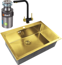 Комплект Мойка кухонная Zorg Inox PVD Inox Pvd SZR-7551 bronze + Смеситель Sanitary ZR 348 YF BLACK BRONZE + Измельчитель Bort Titan 4000 Plus