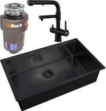 Комплект Мойка кухонная Zorg Light ZL R 740440 GRAFIT + Смеситель Sanitary SZR-3216 Grafit графит + Измельчитель Bort Titan Max Power