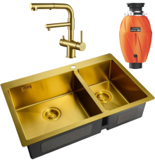Комплект Мойка кухонная Zorg Light ZL R 780-2-510-L BRONZE + Смеситель Sanitary SZR-3216 Bronze бронза + Измельчитель Omoikiri Nagare 1000