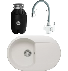 Комплект Мойка кухонная Polygran Atol 679030 белый хлопок + Смеситель Haiba HB76615 белый + Измельчитель Bone Crusher BC 810-AS