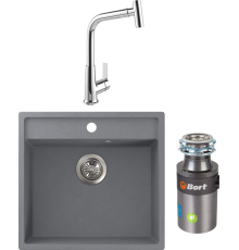 Комплект Мойка кухонная FOSTOGRAN FG 52-50 503 искристый серый + Смеситель MEGA Life MG-TK09 хром + Измельчитель Bort Titan 4000 Plus