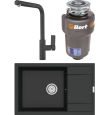Комплект Мойка кухонная Point Велета 78 черная + Смеситель PN3102 черный + Измельчитель Bort Titan 5000 Control
