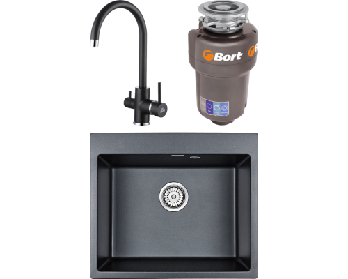 Комплект Мойка кухонная Paulmark Kante 60 PM106052-BLM черный металлик + Смеситель Essen Es213211-418 черный металлик + Измельчитель Bort Titan 5000