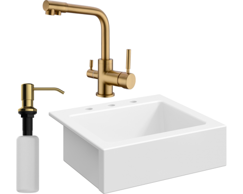 Комплект Мойка кухонная Domaci Сиена 50166-101 с 3 отверстиями, белый глянец + Смеситель Равенна DCB 3003 золото + Дозатор 401 золото