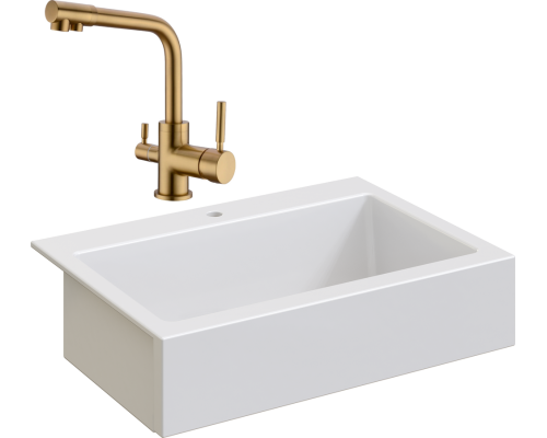 Комплект Мойка кухонная Domaci Сиена 50186-101 с 1 отверстием, белый глянец + Смеситель Равенна DCB 3003 золото