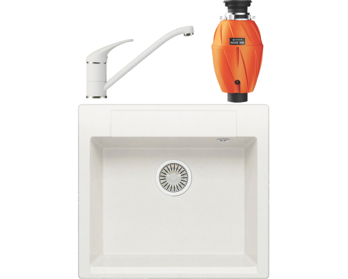 Комплект Мойка кухонная Polygran Argo 560 белый хлопок + Смеситель Низкий 660694 белый хлопок + Измельчитель Omoikiri Nagare 1000