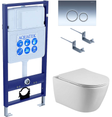 Комплект Унитаз подвесной AQUATEK Бетта AQ1253W-00 безободковый, с микролифтом + Инсталляция Standard INS-0000012 + Комплект креплений KKI-0000002 + Кнопка KDI-0000018 глянцевый хром