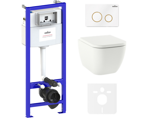 Комплект Унитаз подвесной Lavinia Boho One Compacto 3302102С с микролифтом + Система инсталляции для унитазов Relfix 38010010 + Кнопка смыва Relfix 38050804 белая, золотой глянец