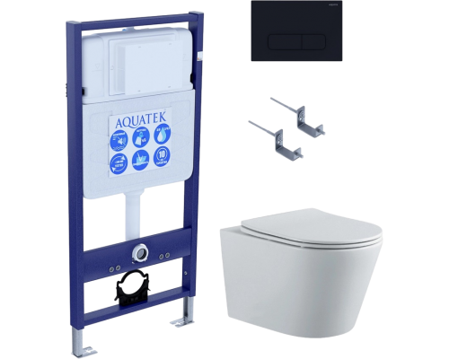 Комплект Унитаз подвесной AQUATEK Вега AQ1905-00 безободковый, с микролифтом + Инсталляция Standard INS-0000012 + Комплект креплений KKI-0000002 + Кнопка KDI-0000017 матовая черная