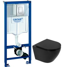 Комплект Унитаз подвесной BelBagno Colorato BB062CHR-MB матовый черный + Крышка BB062SC-MB матовая черная + Инсталляция Grohe Rapid SL 38772001 3 в 1 с кнопкой смыва