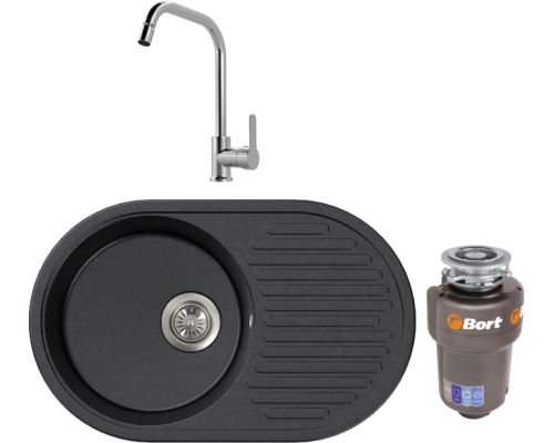 Комплект Мойка кухонная FOSTO КМ 74-46 графит + Смеситель MEGA City MG- ZRV104 хром + Измельчитель Bort Titan Max Power