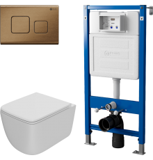 Комплект Унитаз подвесной Point Меркурий PN41831WM белый матовый, безободковый, с микролифтом + Инсталляция PN45122 с контейнером для гигиенических таблеток + Кнопка Афина PN44041BB бронза брашированная