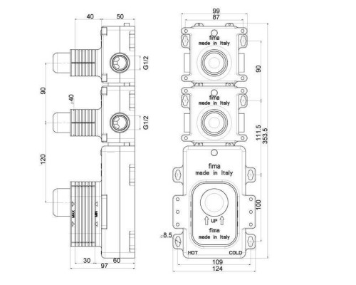 Fima Carlo Frattini Fimathermbox F2462 Внутренняя часть встраиваемого термостатического смесителя для душа, 2 источника. F2462 Fima Carlo Frattini Fimathermbox F2462 Внутренняя часть встраиваемого термостатического смесителя для душа, 2 источника. F2462