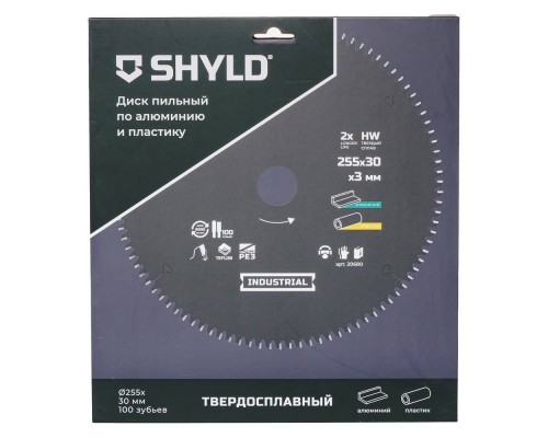 Диск пильный по алюминию и пластику SHYLD твердосплавный 255х30 мм, 100 зубьев(20680) Диск пильный по алюминию и пластику SHYLD твердосплавный 255х30 мм, 100 зубьев(20680)