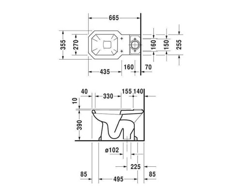 Duravit 1930 Унитаз моноблок с отдельным бачком (с механизмом слива хром), 66.5х35.5см, слив в пол, Цвет: Белый. 0227010000,  0872210082