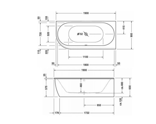 Duravit Darling New  Ванна 190х90x60см, пристенная, акриловая, угол справа, с панелью и ножками,с 2 наклонами для спины, цвет: белый. 700247000000000