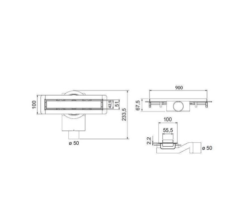 Plumberia Selection Трап душевой PS MODULAR 4x90 2устор. накладка из нерж.стали, комбинир.затвор с горизонт. Выпуском Ду 50мм,40л/мин, цвет: золото брашированная. PSM90OB