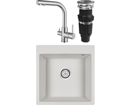 Комплект Мойка кухонная Paulmark Kante 50 PM105152-WH белый + Смеситель Essen 213011-СR хром + Измельчитель Bone Crusher BC 610-AS