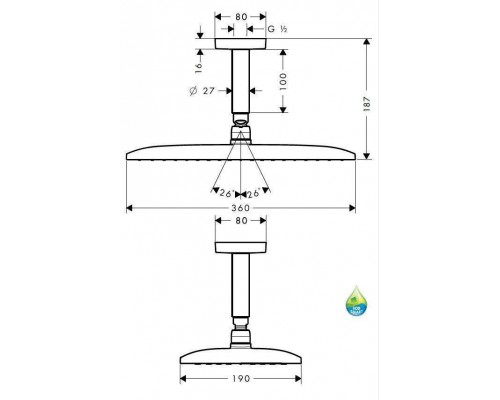 Hansgrohe Верхний душ Raindance E 360 AIR 1jet, потолочное подсоединение 100 мм, frac12;rsquo;, цвет: хром. 27381000 Hansgrohe Верхний душ Raindance E 360 AIR 1jet, потолочное подсоединение 100 мм, frac12;rsquo;, цвет: хром. 27381000