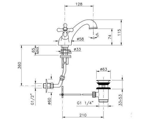 Nicolazzi Nuova Brenta Смеситель для раковины на 1 отверстие, излив: 128мм, с донным клапаном, цвет: Gold Brass. 2532GB