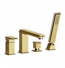 Gessi Eleganza Смеситель для ванны на 4 отверстия, с переключателем, изливом и ручным душем, цвет: шлифованное золото. 46037#087