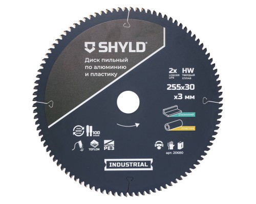 Диск пильный по алюминию и пластику SHYLD твердосплавный 255х30 мм, 100 зубьев(20680) Диск пильный по алюминию и пластику SHYLD твердосплавный 255х30 мм, 100 зубьев(20680)
