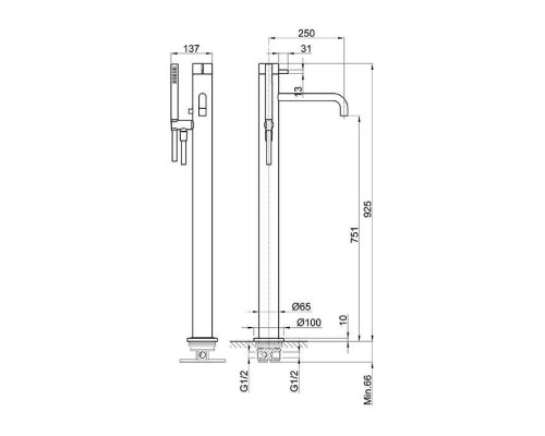 Fantini AF/21 Смеситель для ванны, напольный, излив: 25 см, цвет: хром. 27 02 A580B