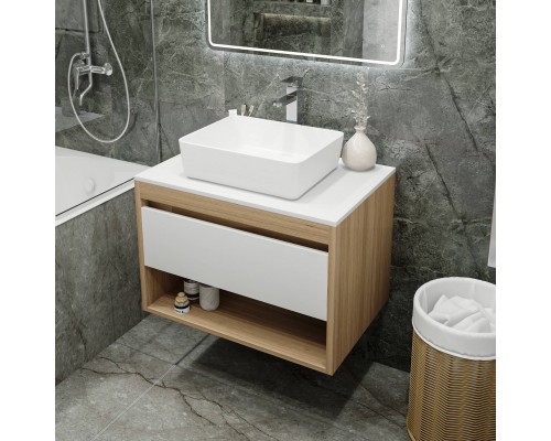 Тумба с раковиной Teymi Ritta 75, дуб эврика, матовая белая, раковина Helmi 50