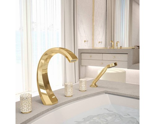 THG Nihal Porcelaine Ivoire Смеситель на борт ванны, на 5 отверстий, двойной, с ручным душем, цвет: Soft gold. U2N-F30-1132SG THG Nihal Porcelaine Ivoire Смеситель на борт ванны, на 5 отверстий, двойной, с ручным душем, цвет: Soft gold. U2N-F30-1132SG